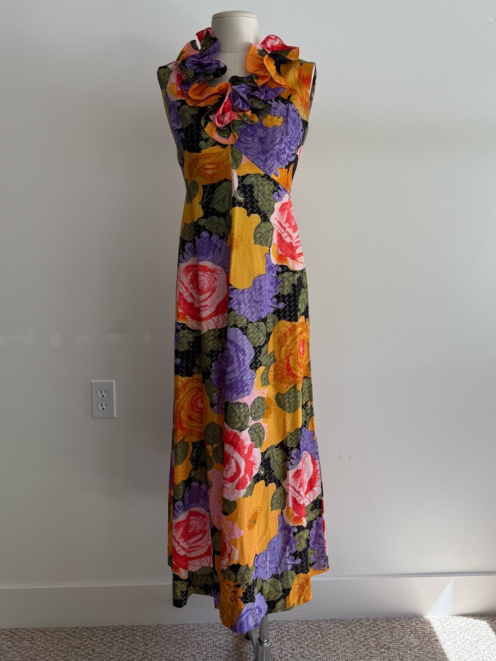 Vintage 1960s Aline Maxi Dress with Ruffle Neckline Gold Metallic Flower Power